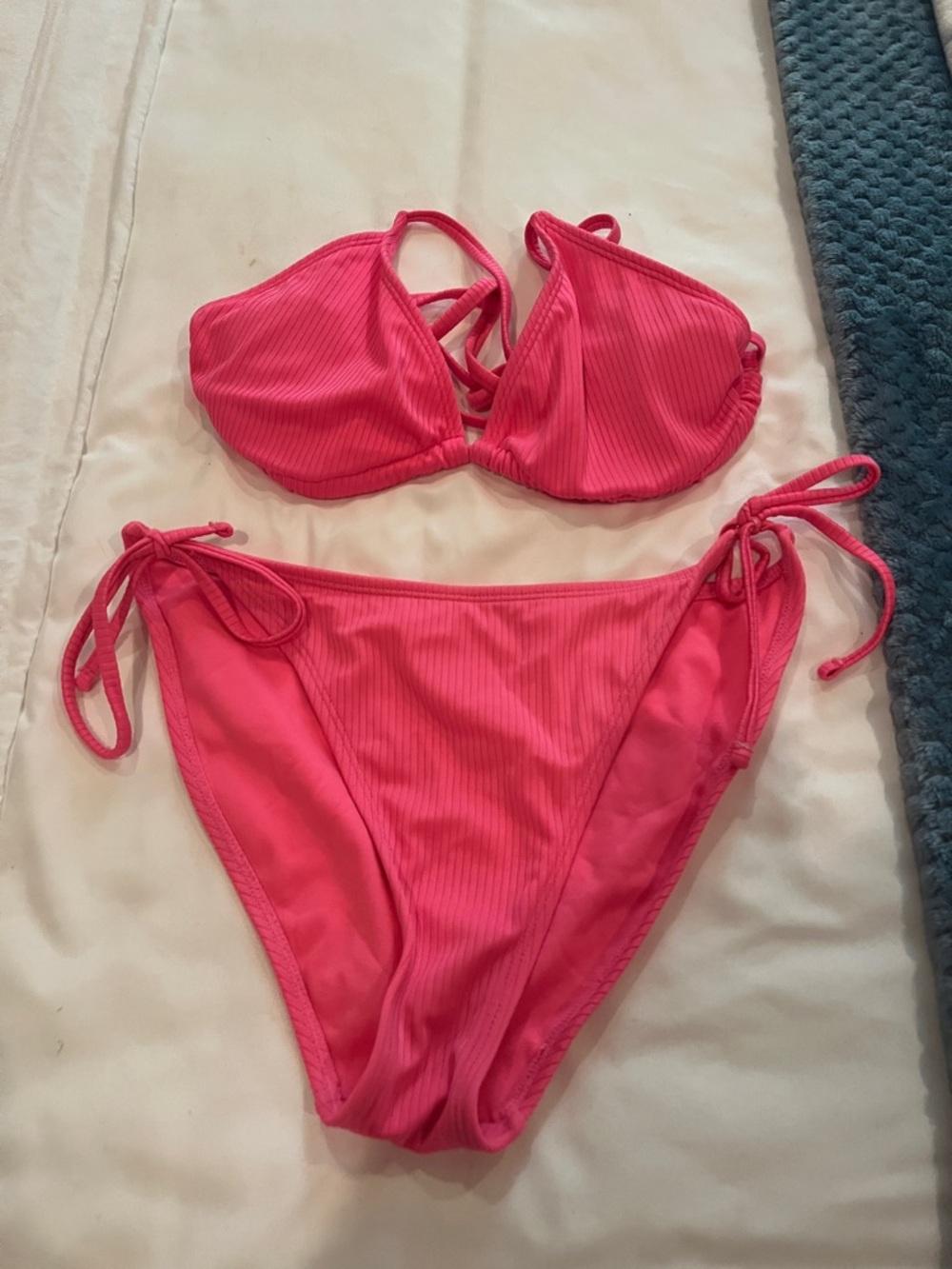 Hot Pink Ribbed Tie-Side Bikini Set